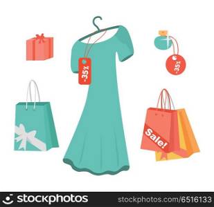 Party Dresses, Accessory, Perfumes on Sale. Vector. Party dresses, accessory, perfumes on sale. Black friday Big Sale. Fashion wear, vector. Christmas, winter shopping, retail, discount poster. Paper bags and presents. Jewelry Flat style Vector