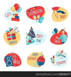 Party emblems set with gifts celebration and music symbols isolated vector illustration. Party Emblems Set