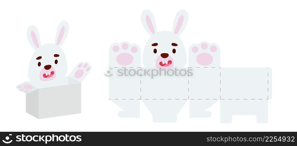 Party favor box bunny design for sweets, candies, small presents, bakery. Party package die cut template, great design for any purposes, birthdays, baby showers, Easter. Vector stock illustration