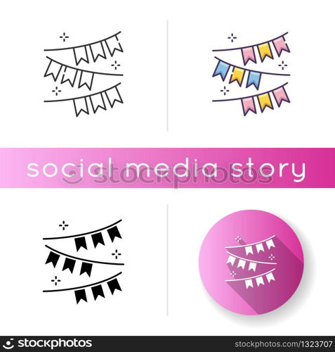 Party garland icon. Carnival fair. Festive flags. Colorful banners. Pennant for summer holiday. Celebrate birthday and anniversary. Linear black and RGB color styles. Isolated vector illustrations