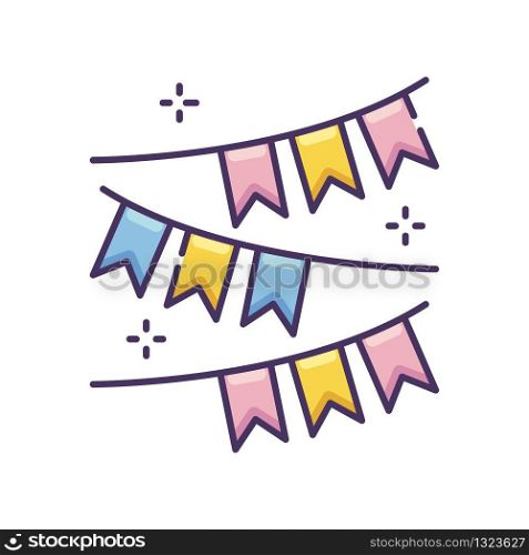 Party garland RGB color icon. Carnival fair. Hang festive flags. Colorful banners. Pennant for summer holiday. Celebrate birthday and anniversary. Ornament decoration. Isolated vector illustration