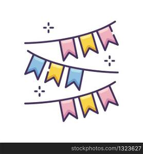Party garland RGB color icon. Carnival fair. Hang festive flags. Colorful banners. Pennant for summer holiday. Celebrate birthday and anniversary. Ornament decoration. Isolated vector illustration