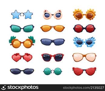 Party glasses. Cartoon funny fashion sunglasses with reflections. Round colorful summer spectacles. Different shapes eyewear. Bright plastic rims and sun protection lens. Vector trendy accessories set. Party glasses. Cartoon funny fashion sunglasses with reflections. Round colorful summer spectacles. Different shapes eyewear. Plastic rims and sun protection lens. Vector accessories set