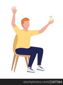 Party guest holding drink semi flat color vector character. Sitting figure. Full body person on white. Festive celebration simple cartoon style illustration for web graphic design and animation. Party guest holding drink semi flat color vector character