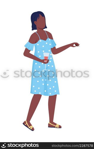 Party guest in blue dress semi flat color vector character. Standing figure. Full body person on white. Festive celebration simple cartoon style illustration for web graphic design and animation. Party guest in blue dress semi flat color vector character