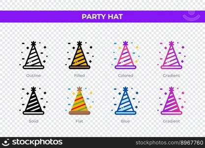 Party hat icons in different style. Party hat icons set. Holiday symbol. Different style icons set. Vector illustration