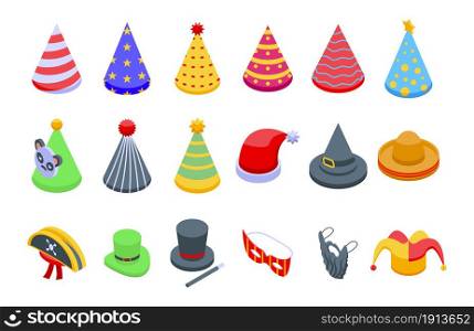 Party hats icons set isometric vector. Birthday cap. Carnival celebrate. Party hats icons set isometric vector. Birthday cap