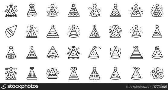 Party hats icons set. Outline set of party hats vector icons for web design isolated on white background. Party hats icons set, outline style