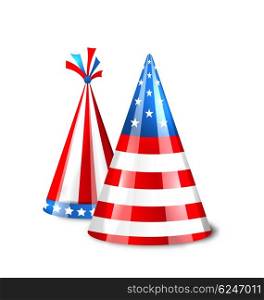 Party Hats with Flag of the United States of America. Illustration Party Hats with Flag of the United States of America. Accessory for American Holidays. Objects Isolated on White Background - Vector
