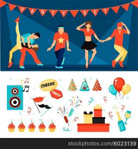Party horizontal banner set. Party horizontal banner set with dancing people flat isolated vector illustration
