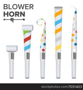 Party Horn Blower Vector. White Party Blower Sign. Isolated Illustration. Party Horn Set Vector. Color Penny Whistle. Top View. Isolated