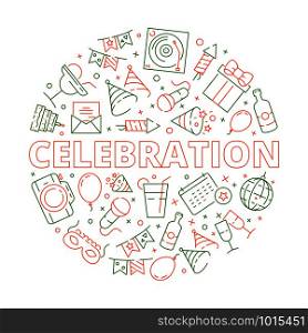 Party icon. Event birthday celebration symbols in circle shape fireworks balloons cakes stars vector template. Illustration of celebration birthday or event holiday. Party icon. Event birthday celebration symbols in circle shape fireworks balloons cakes stars vector template