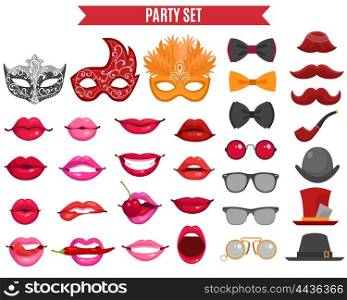 Party Icons Set In Retro Style. Funny party icons set of mask for masquerade fake mustache tie butterfly and women lips in retro style flat isolated vector illustration