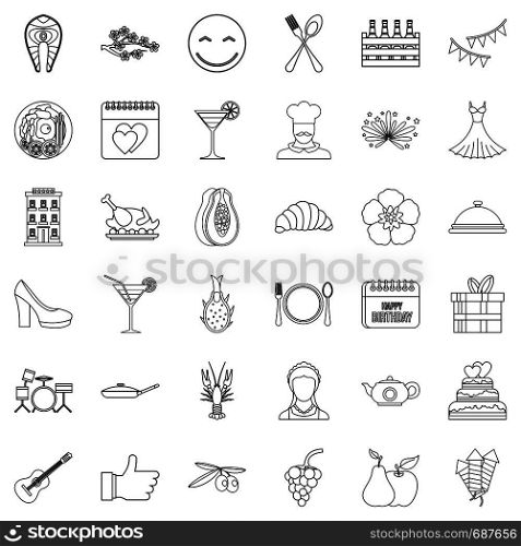 Party icons set. Outline style of 36 party vector icons for web isolated on white background. Party icons set, outline style