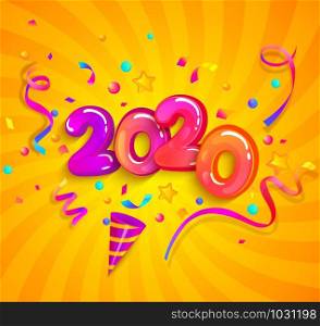 Party in new 2020 year with cracker confetti,serpentine sparkles for holiday congratulations,celebration,greetings,invitations for evening parties.Fun exploding template on sunburst background.. Party in new 2020 year with cracker confetti.