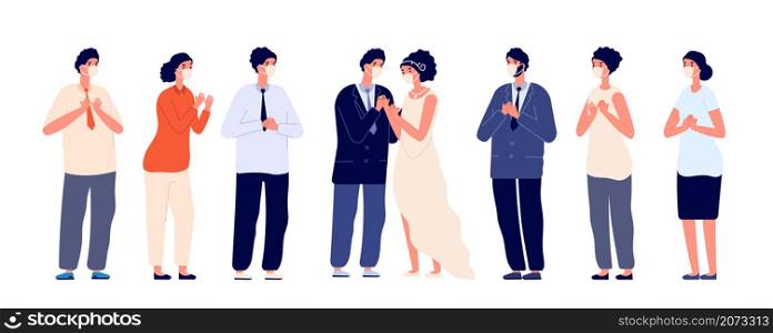 Party in pandemic. Wedding group wear face masks, couple protected guests. Safety bridal ceremony with family and friends utter vector concept. Pandemic wedding party, wife and husband illustration. Party in pandemic. Wedding group wear face masks, couple protected guests. Safety bridal ceremony with family and friends utter vector concept