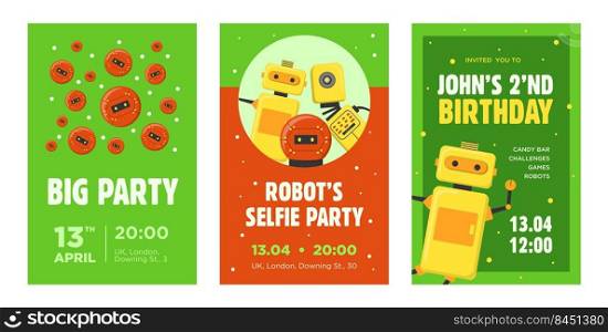 Party invitation cards set. Robots, humanoids, cyborgs, intelligent machines vector illustrations with text, time and date s&les. Robotics concept for announcement posters and flyers design