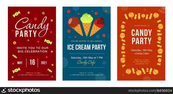 Party invitation cards with candies and ice cream set. Cones, sweets, lollypop vector illustrations with text, time and date. Celebration and sweet food concept for posters and flyers  design