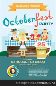 Party invitation disco style Octoberfest flyer. Man and woman drinking beer with friends in national costumes. Vector flat cartoon illustration
