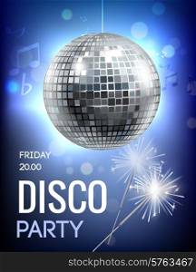 Party invitation poster with disco ball in spot lights vector illustration. Disco Party Poster
