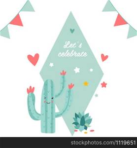 Party invitation template with funny cartoon cactus. Party invitation template with funny cactus