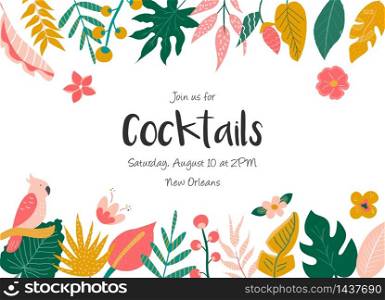 Party invitation with flowers, birds and palm leaves.
