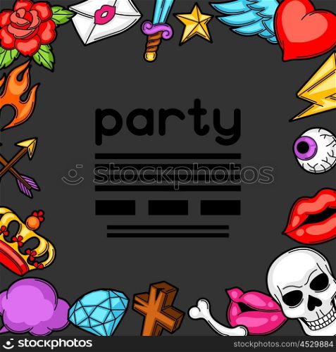 Party invitation with retro tattoo symbols. Cartoon old school illustration. Party invitation with retro tattoo symbols. Cartoon old school illustration.