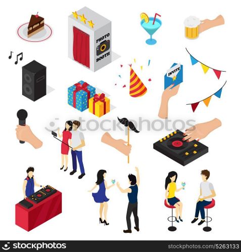 Party Isometric Icons Collection. Party isometric set of isolated icons people characters decorations drinks sweets invitation card and audio equipment vector illustration
