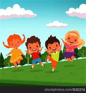 Party jummping characters. Cute happy childrens jump and playing at playground or urban park vector cartoon characters isolated. Boy and girl, cartoon childhood illustration. Party jummping characters. Cute happy childrens jump and playing at playground or urban park vector cartoon characters isolated