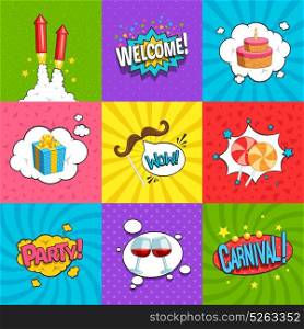 Party Labels Set. Party comic labels set with fun symbols flat isolated vector illustration