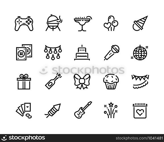 Party line icons. Birthday celebration with gift balloons BBQ music and fireworks, celebration with food and cocktails. Vector set thin signs illustration happy event with entertainment. Party line icons. Birthday celebration with gift balloons BBQ music and fireworks, celebration with food and cocktails. Vector set