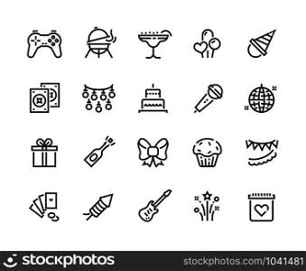 Party line icons. Birthday celebration with gift balloons BBQ music and fireworks, celebration with food and cocktails. Vector set thin signs illustration happy event with entertainment. Party line icons. Birthday celebration with gift balloons BBQ music and fireworks, celebration with food and cocktails. Vector set