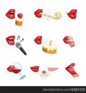 Party Lips Icon Set. Isolated female red lips party comic icons set drinking blowing kissing singing to microphone eating cakes vector illustration