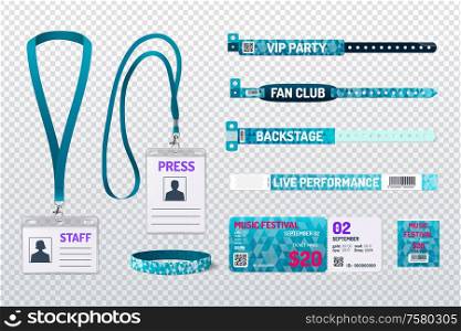 Party passes festival tickets staff press id cards club members wristbands green realistic set transparent background vector illustration