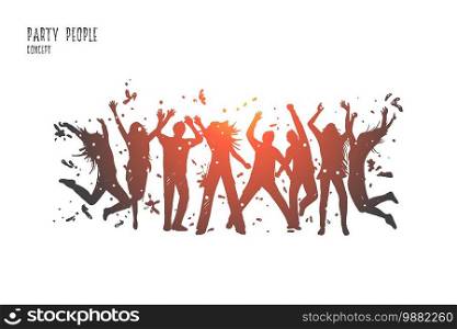 Party people concept. Hand drawn young people dancing in night club. Silhouette of festive people having fun together isolated vector illustration.. Party people concept. Hand drawn isolated vector.
