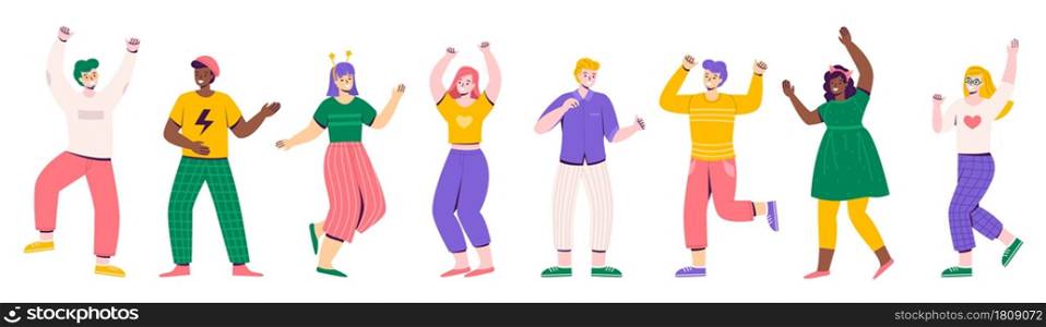 Party people. Dancing women and men festive characters, cheerful guys and girls in bright fashionable clothes, happy young friends celebration. Celebrate anniversary vector modern cartoon isolated set. Party people. Dancing women and men festive characters, cheerful guys and girls in bright fashionable clothes, happy young friends celebration. Celebrate anniversary vector cartoon isolated set