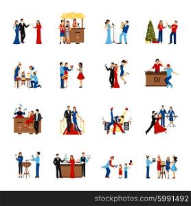 Party People Icons Set. Flat style icons set of partying people like celebration meeting dancing party and other isolated vector illustration
