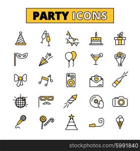 Party pictograms oitlined icons set. Friday evening wedding party outlined icons collection with invitation cake and music symbols abstract isolated vector illustration