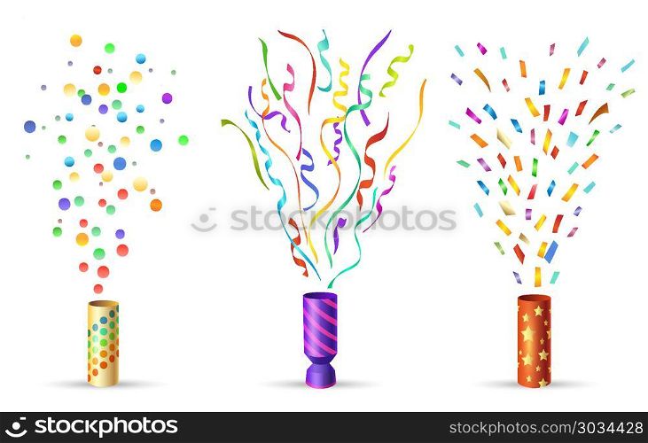 Party popper with confetti. Party popper. Pulling cracker isolated on white background, confetti and streamers pulled party blower for celebration party vector illustration