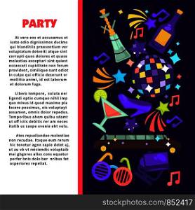 Party poster or disco club poster template for birthday or holiday celebration. Vector flat design of luxury limousine car, fashion party glasses and disco ball with notes, stars and fireworks. Party poster for birthday celebration or disco club
