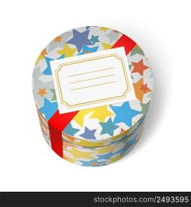 Party present box with stars red ribbon and welcome blank card isolated vector illustration