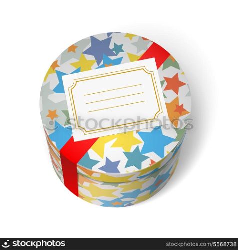 Party present box with stars red ribbon and welcome blank card isolated vector illustration