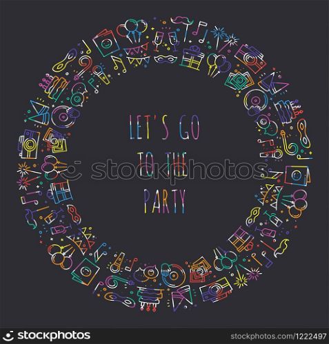 Party round frame. Celebration pattern. Birthday holidays event carnival festive. Party decor elements thin icons. Colorful vector illustration. Line background. Texture. Mask gifts cake. Party round frame. Celebration pattern. Birthday, holidays, event, carnival festive. Party decor elements thin icons. Colorful vector illustration. Line background. Texture. Mask gifts cake cocktail