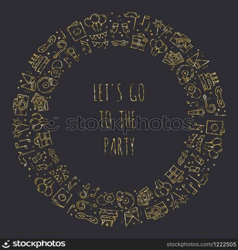 Party round frame. Celebration pattern. Birthday holidays event carnival festive. Party decor elements thin icons. Gold vector illustration. Line background. Texture. Mask gifts cake. Party round frame. Celebration pattern. Birthday, holidays, event, carnival festive. Party decor elements thin icons. Gold vector illustration. Line background. Texture. Mask gifts cake cocktail