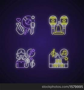 Party songs ideas neon light icons set. Ethnical latin musical instruments. Fancy lounge music. Classic piano songs. Signs with outer glowing effect. Vector isolated RGB color illustrations. Party songs ideas neon light icons set