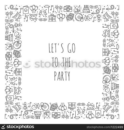 Party square frame. Celebration pattern. Birthday holidays event carnival festive. Party decor elements thin icons. Funny vector illustration. Line background. Texture. Mask gifts cake. Party square frame. Celebration pattern. Birthday, holidays, event, carnival festive. Party decor elements thin icons. Funny vector illustration. Line background. Texture. Mask gifts cake cocktail