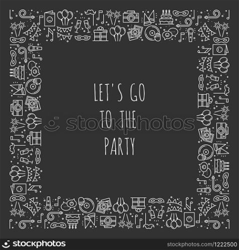 Party square frame. Celebration pattern. Birthday holidays event carnival festive. Party decor elements thin icons. Funny vector illustration. Line background. Texture. Mask gifts cake. Party square frame. Celebration pattern. Birthday, holidays, event, carnival festive. Party decor elements thin icons. Funny vector illustration. Line background. Texture. Mask gifts cake cocktail