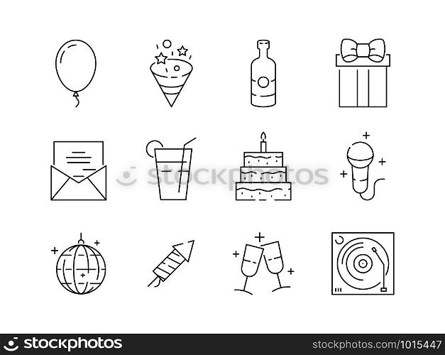 Party thin icons. Event celebration birthday fun entertainment party balls and cakes vector linear symbols isolated. Illustration of party entertainment, cake and drink icons. Party thin icons. Event celebration birthday fun entertainment party balls and cakes vector linear symbols isolated