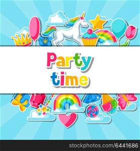Party time. Card with unicorn and fantasy items. Party time. Card with unicorn and fantasy items.