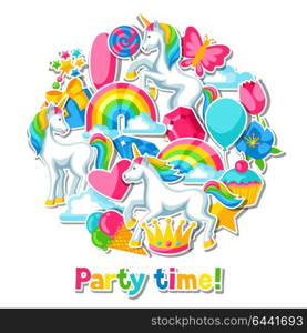 Party time. Card with unicorn and fantasy items. Party time. Card with unicorn and fantasy items.